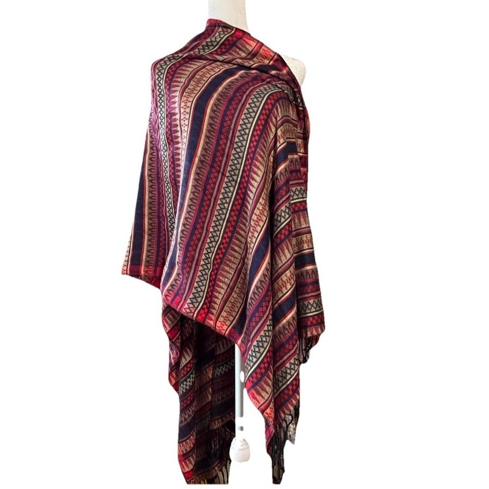 Large Boho Tribal Stripe Fringe Wrap Scarf Shawl Navy Red Cream 32x64 Unbranded - Picture 3 of 5